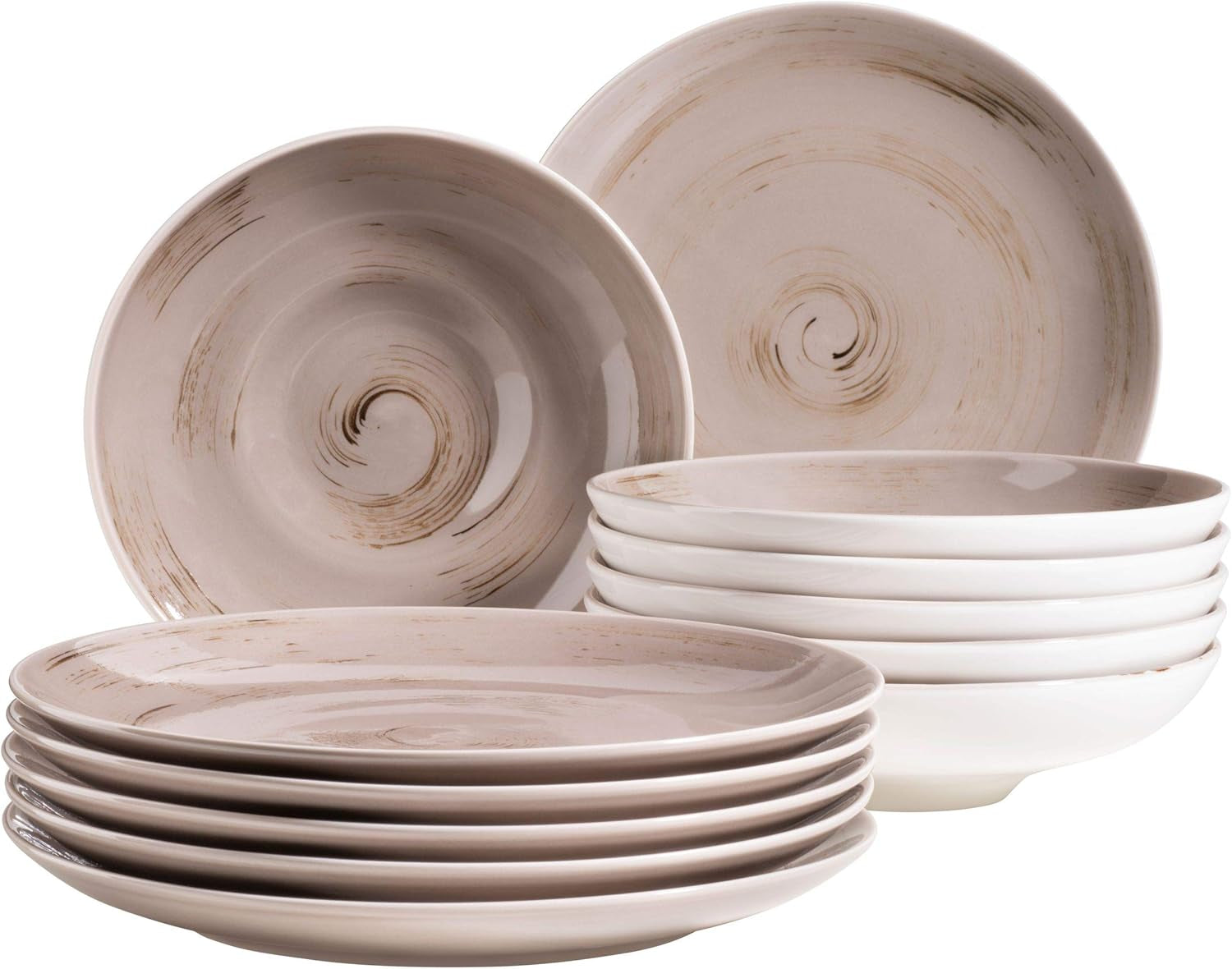 MÄSER 931605 Serie Derby Premium Tafelservice Für 6 Personen in Gastronomie-Qualität, 12-Teiliges Modernes Teller Set Mit Handpinseleffekt, Weiß, Durable Porzellan Seturi vesela masa Naty Shop Beige