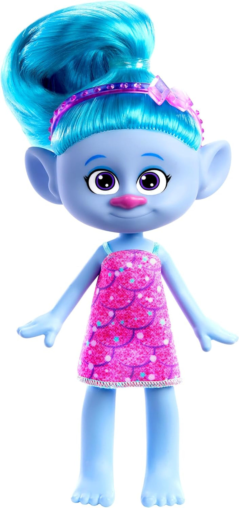 Mattel DREAMWORKS TROLLS Gemeinsam Stark – Haarige Überraschungen Chenille Puppe mit Lechtend blauem Haar zum Stylen, lila Stirnband, für Kinder ab 3 Jahren, HNF15