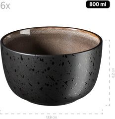 MÄSER 934020 Seria Niara, Set de veselă modern pentru 6 persoane într-un aspect vintage incitant, Set de mic dejun din ceramică cu 18 piese, gri și negru, Gresie