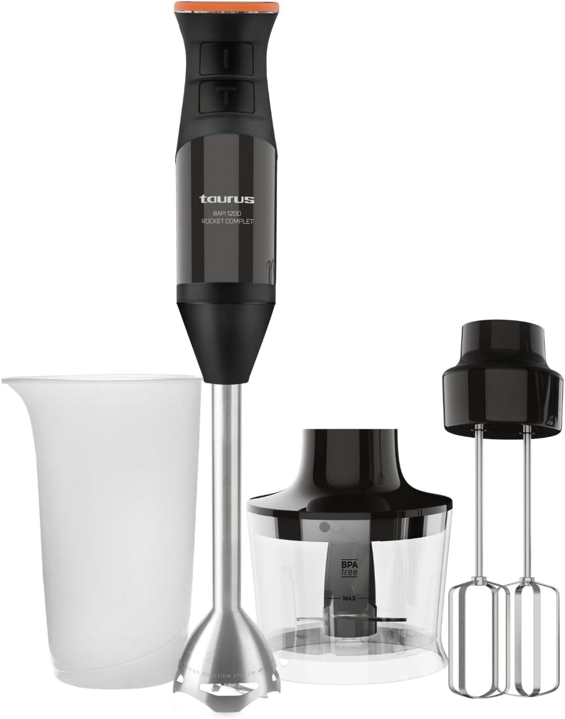 Taurus Stabmixer 1000W | 20 Geschwindigkeitsstufen | Turbo-Funktion | 4 Edelstahlklingen | Ergonomisches Soft-Touch-Design | Spritzschutz | Zubehör | Edelstahl | Elektrisch |Kunststoff, Silber/Schwarz Mama si Copilul Naty Shop 1200W | 3 Zubehör