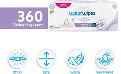 WaterWipes Sensitive+ Soothing Clean 360 stk (6 pakke) 3-i-1 rensning, pleje og beroligende 99 % vand med planteekstrakt uparfumerede babyservietter