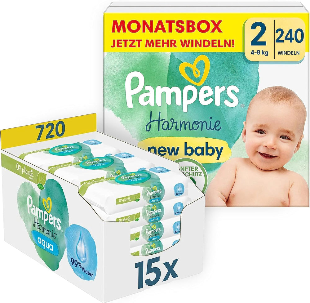 Harmonie Babyblesæt Størrelse 2 (4-8 kg, 240 stk.) MÅNEDSÆSKE og Harmonie Aqua Baby Vådservietter Box 720 Servietter (15 x 48), Baby Essentials