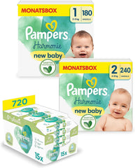 Harmonie Aqua Babyblesæt Størrelse 1 (2-5 kg, 180 stk), Størrelse 2 (4-8 kg, 240 stk), Half Moon Box og Aqua Baby Wipes, 720 Wipes (15 x 48), Baby Starter Kit