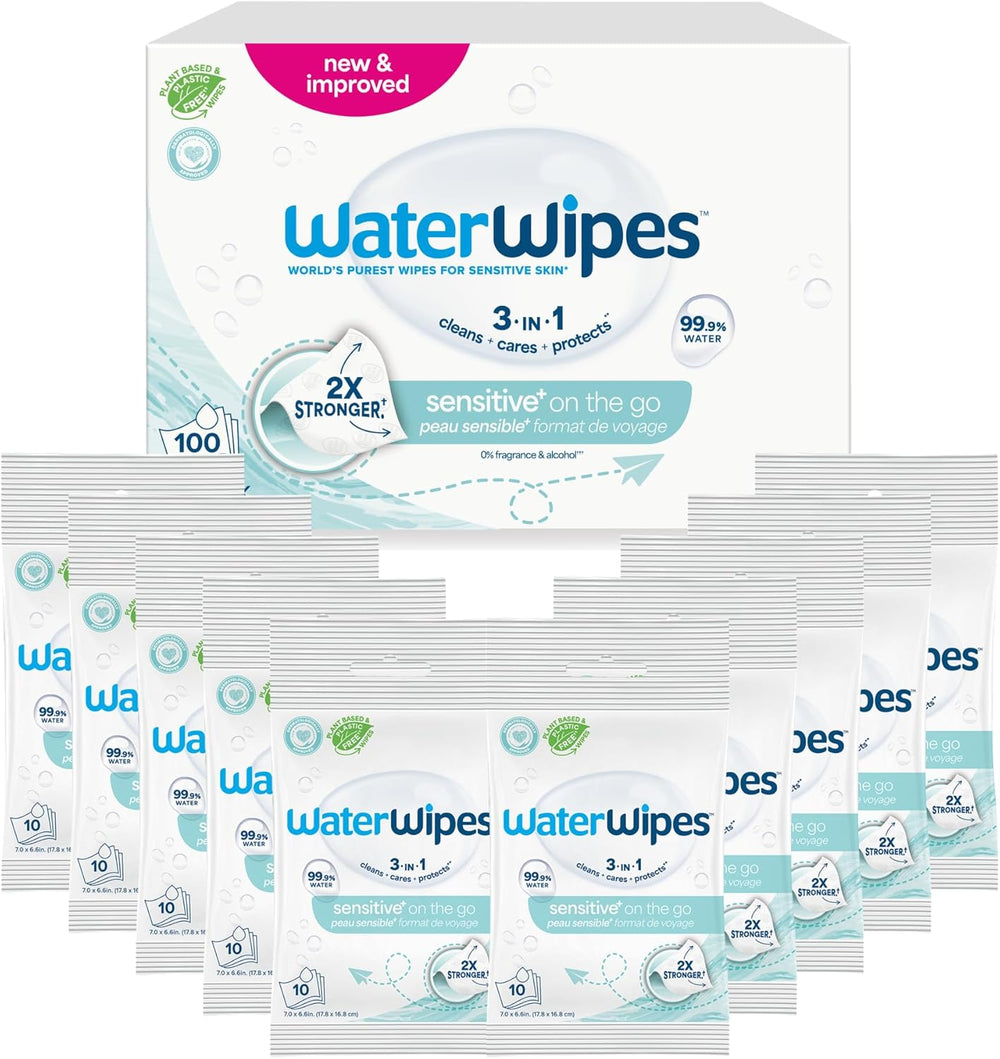 WaterWipes Sensitive+ On The Go Wet Wipes, 100 Wipes (10 Pack), 3 i 1 Renser, Plejer, Beskytter, 99,9% Vand, Duftfri Wipes