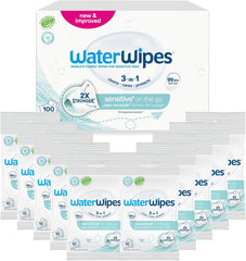 WaterWipes Sensitive+ On The Go Wet Wipes, 100 Wipes (10 Pack), 3 i 1 Renser, Plejer, Beskytter, 99,9% Vand, Duftfri Wipes