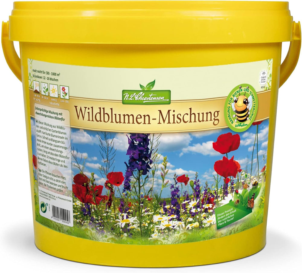 Wild Flower Mix NL Chrestensen | 5L spand til 500-1000 m² | Hårdføre flerårige blomsterfrø | Vildblomsteng til bier og sommerfugle | Til have, eng