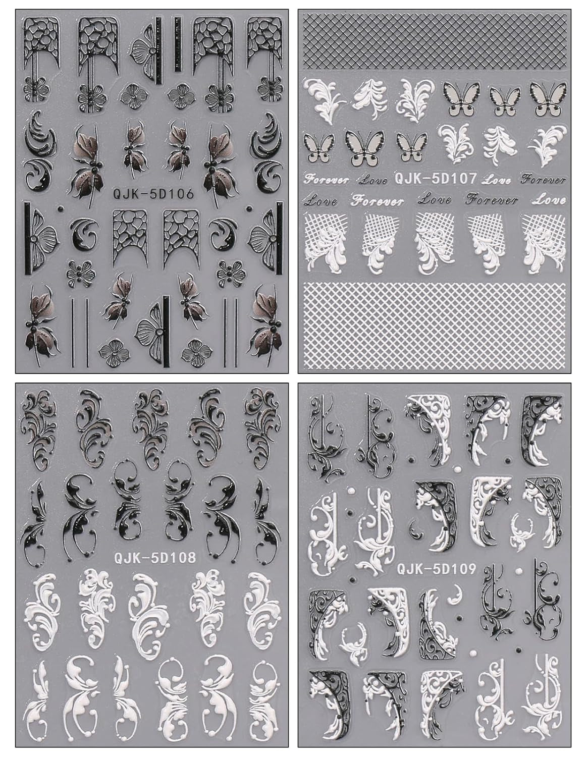 JMEOWIO 3D Nagelsticker Schwarz Weiß Blume Nail Art Sticker Selbstklebend Nagelaufkleber 5D Stereoskopisch Blumen Dekoration Nageldesign Zubehör 4 Blatt