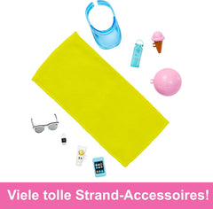 Barbie Ken - Păpușă blondă cu cămașă albastră și șorț de baie, accesorii de plajă și minge de plajă pentru joacă creativă, pentru copii cu vârsta de 3 ani și peste, HPL74