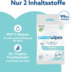 WaterWipes Sensitive+ On The Go Wet Wipes, 100 Wipes (10 Pack), 3 i 1 Renser, Plejer, Beskytter, 99,9% Vand, Duftfri Wipes