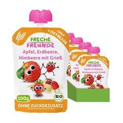 FRECHE FREUNDE Bio Quetschie Apple, Erdbeere, Himbeere mit Grieß, Fruchtmus mit Getreide i Quetschbeutel für Babies fra 6. Måned, vegansk, 6er Pack (6 x 100g)