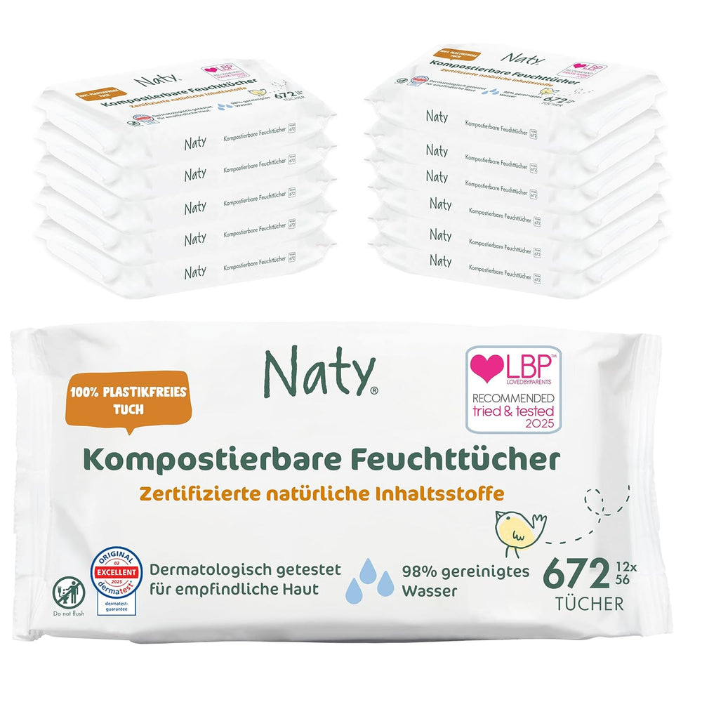 Naty babyservietter | 100% urte- og duftfri til følsom hud | Plastfrie og certificerede komposterbare servietter med 98 % renset vand | 672 servietter (12 pakker)