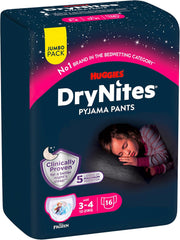 Huggies DryNites superabsorberende nattebleer til piger 3-4 år (12-21 kg) 4 x 16 antal (64 antal i alt) Månedlig trussepakke