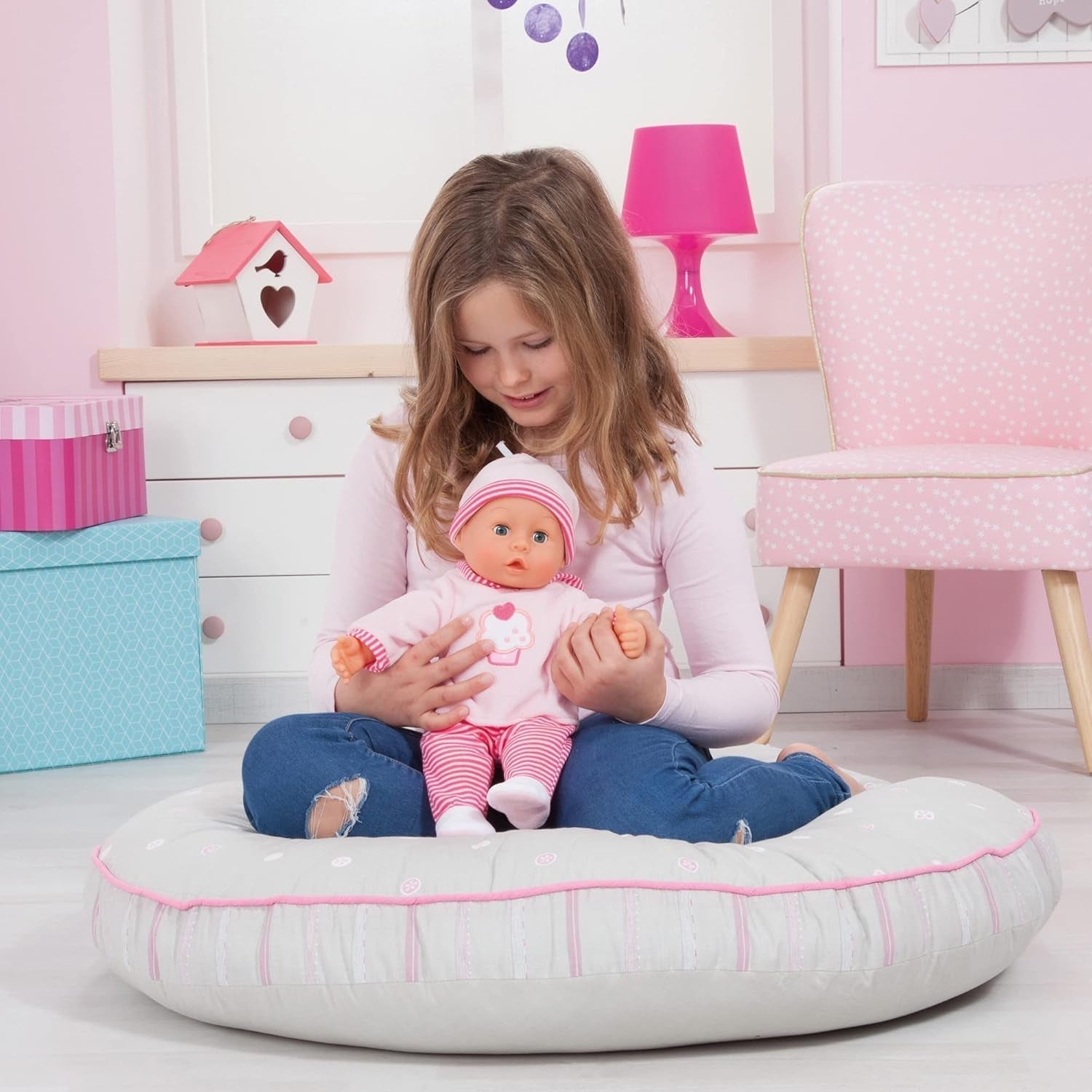 Păpușă First Words cu ochi adormiți, vorbește 24 de sunete de bebeluș, cu păpușă și biberon, 38 cm, roz/stripes Papusi Naty Shop