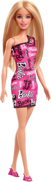 Păpușă Barbie Fashion cu păr blond drept într-o rochie extensibilă roz cu un umăr și pantofi cu logo imprimat, HRH07 Papusi Naty Shop Titlu implicit
