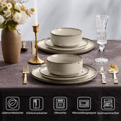 Set de veselă pentru 6 persoane, serviciu de cină din gresie cu 18 piese, set combinat, 6 farfurii de cină, 6 farfurii de desert, 6 boluri pentru cereale, antizgârieturi și potrivit pentru cuptorul cu microunde - Karst Khaki