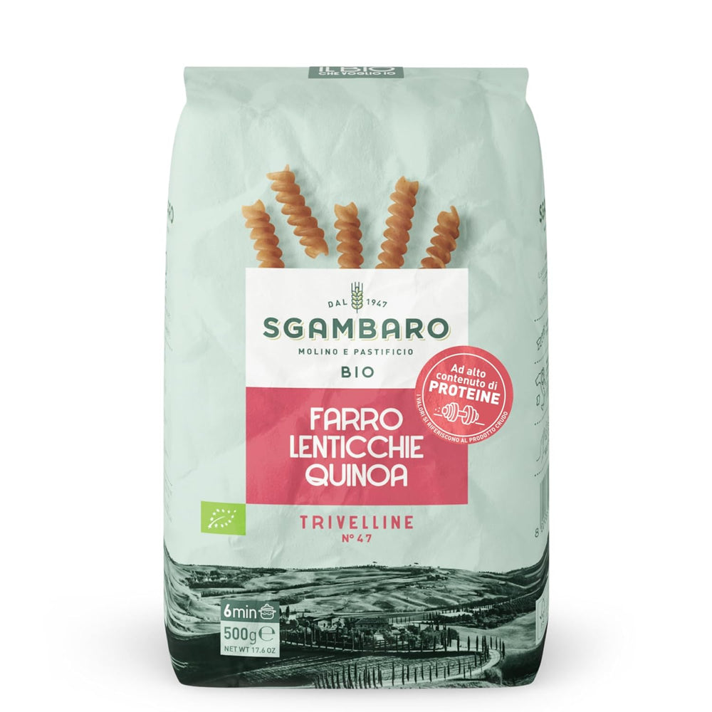 Paste organice Trivelline N.47 - 500g cu făină de spelta, făină de linte și făină de quinoa – Bogate în proteine, sursă de fibre și proteine
