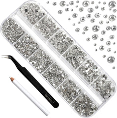 Beadsland 2500Pcs Glas Nailart Strasssteine Kristall Flatback Edelsteine Runde, Für Handwerk Gemischt 8 Größen SS4 ~ SS30 Mit Picking Pinzette Und Stift (Kristall Weiss)