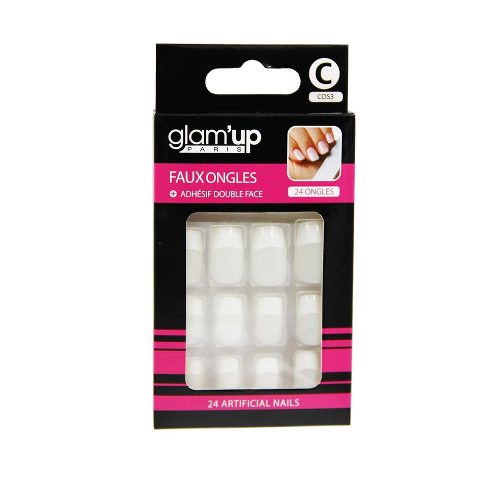 Glam'Up Paris – Unghii False – Acoperire Completă – Ușor de Utilizat – 24 Unghii False Per Cutie + Bandă Dublu Adezivă – Formă Pătrată XL – Nr. 3 – Manichiură Franceză, Alb