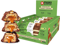 MaxiNutrition Cremet vegansk proteinbar med chokolade, peanuts og karamel 12x45g - vegansk proteinbar, 18% protein, 8,3g pr. bar, lavt sukkerindhold (0,9g), uden tilsat sukker, ingen kunstige smagsstoffer