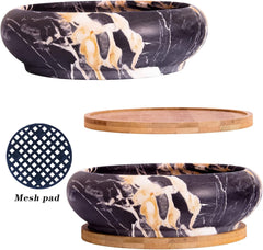 Ghivece mari pentru plante suculente cu farfurioare din bambus, jardiniere ceramice pentru cactus de 18,5 cm, ghivece rotunde pentru flori, recipiente pentru bonsai pentru grădină, birou, decorare birou