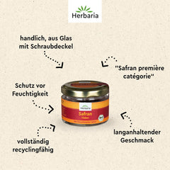 Herbaria Safran-Fäden bio 0,5g im Glas – Bio Saffron-Fäden aus dem bereicht Safran-Ort Taliouine i Marokko – Safranfäden i Premium Bio-Qualität – Saffron Premium - Safran première catégorie
