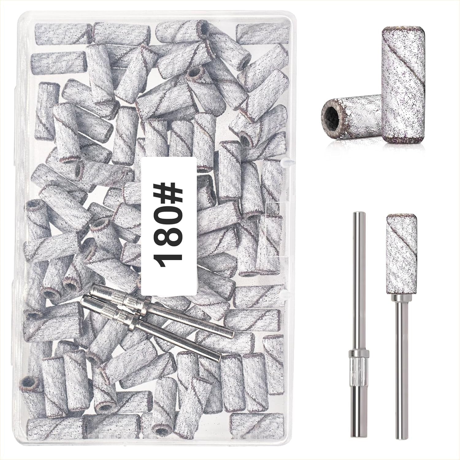 BLESWIN 100 bucăți benzi de șlefuit mici pentru burghie de unghii, granulație fină 240 cu 2 bucăți burghiu de 3 mm, mini benzi de șlefuit pentru lustruirea unghiilor naturale și curățarea cuticulelor pentru pregătire, roz