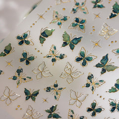 JMEOWIO 3D Nagelsticker Grün Gold Schmetterling Nail Art Sticker Selbstklebend Nagelaufkleber 5D Stereoskopisch Dekoration Nageldesign Zubehör 1 Blatt