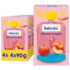 Peach Apple-pakninger - 16 pakker (4 pakker, 4 x 90 g hver), uden tilsat sukker, glutenfri, vegansk, ideel til babyer fra 5 måneder, perfekt til take-away