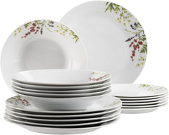 Mäser Herbal Garden, set de veselă pentru 4 persoane, format din 18 piese, cu design floral detaliat, inclusiv farfurii de cină, farfurii de supă și farfurii de desert, porțelan, alb