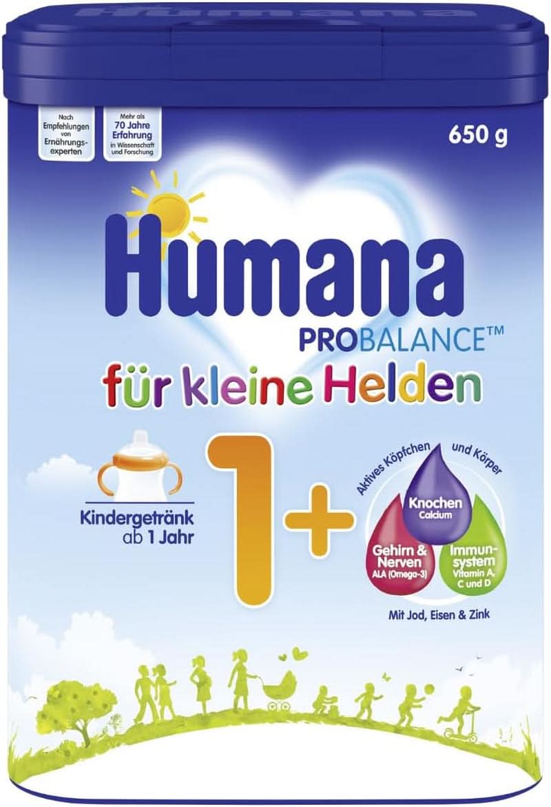 Humana Kindergetränk 1+, ab 1 Jahr, Milchpulver für Kindermilch, nährstoffreiche Milch für Kleinkinder, as gelegentliches Milchgetränk oder zur Mahlzeit, 650 g