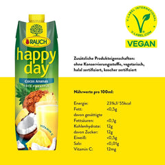 Rauch Happy Day kokos-ananas | En tur til Caribien | Ananas frugtjuice og kokosvand | 6 x 1 liter, Tetra Prisma Alkoholfri drikkevarer Naty Shop