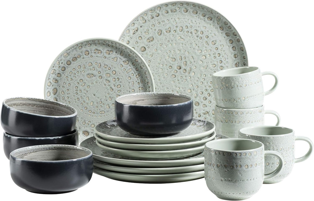 MÄSER 931744 Seria Spicy Market, Set de veselă pictat manual pentru 4 persoane în design vintage mediteranean, Set combinat din ceramică cu 16 piese, Verde, Gresie