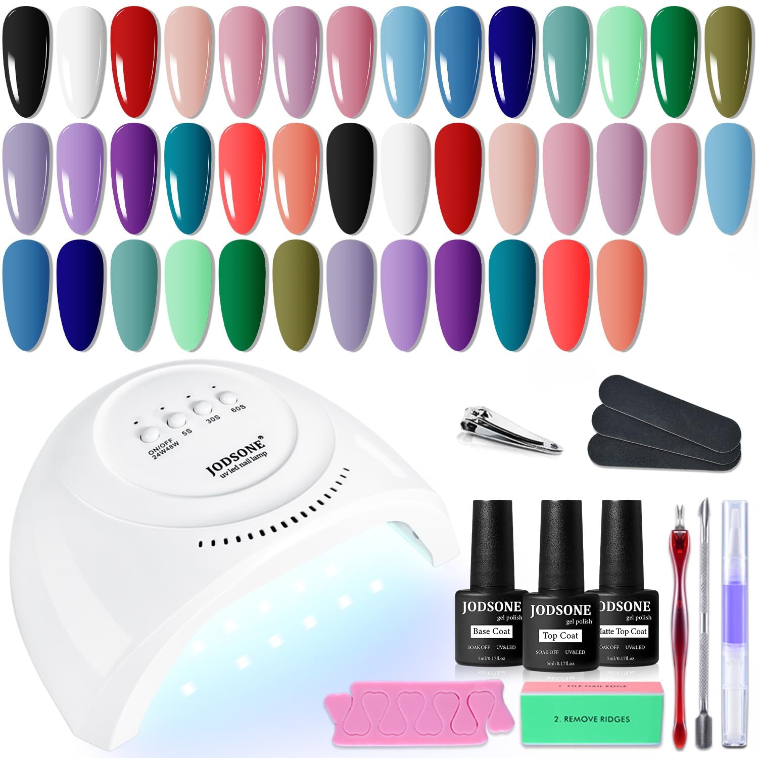 JODSONE 36-Teiliges Gel-Nagellack-Set, 32 Farben, Gel-Nagellack-Set, Basislack, Glänzend, Matt Und Glitzernder Decklack, Nagellack-Set, Grün, Blau, Rot, Rosa, Kollektion, Geschenke Für Frauen