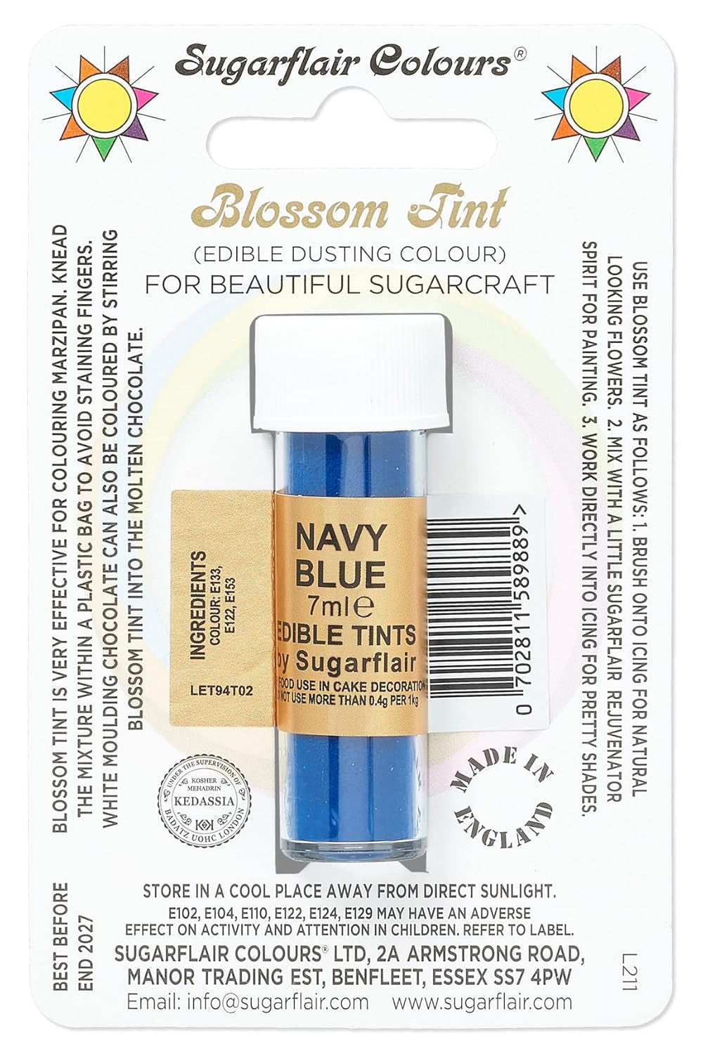 Colorant alimentar pudră Sugarflair Blossom Tint Dusting, albastru marin - Pudră de colorant alimentar pentru decorarea pastei de zahăr colorate, fondantului, glazurii, ciocolatei, cremei de unt, macaroanelor - 7 ml