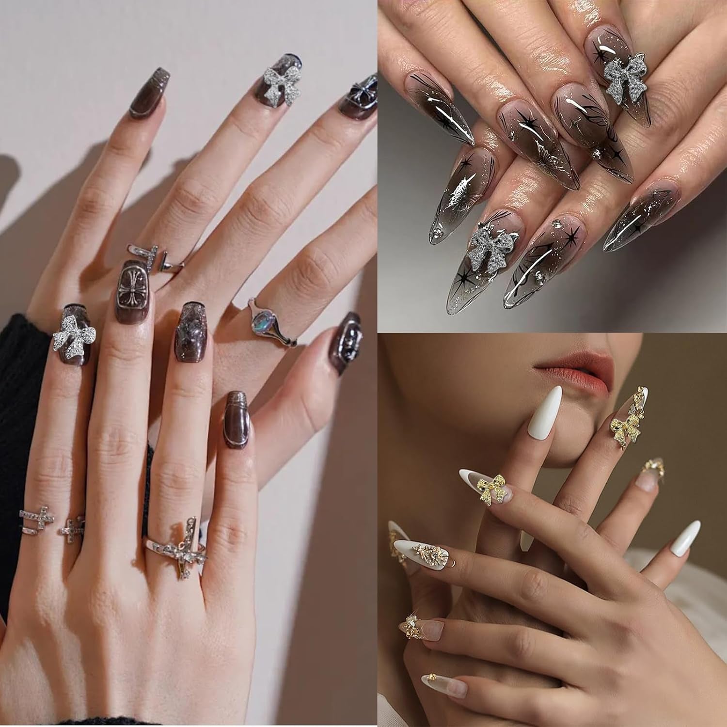 30 de bucăți de funde metalice pentru unghii, funde aurii, argintii și gri, accesorii pentru unghii, decorațiuni pentru unghii pentru femei și fete, design de unghii artizanal