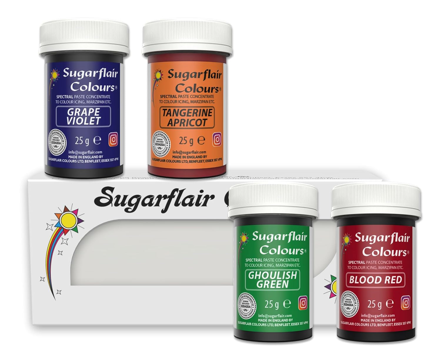 Set de coloranți alimentari pentru paste Sugarflair/4, coloranți alimentari pentru paste, fondant, marțipan, pastă de zahăr, cremă de unt și multe altele: Verde macabru, Violet struguri, Roșu sângeriu