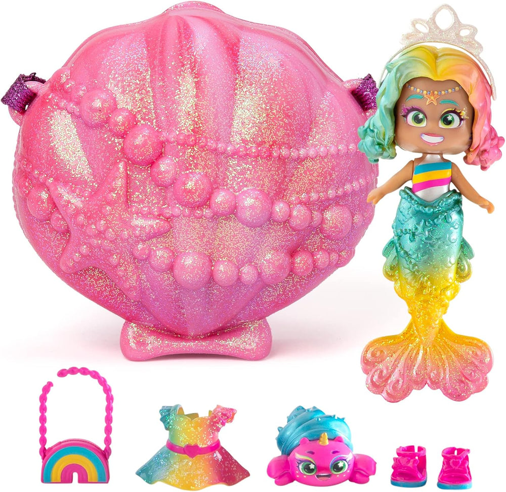 Mermaids Coral Meerjungfrauen-Puppe med 1 Muscheltasche, 1 Meerjungfrauenschwanz, 1 Haustier, Kleidung, Accessories og Schuhe