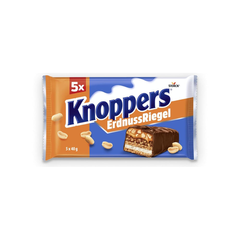 Knoppers Peanut Bar – 1 x 200 g (5 barer) – Mælkechokoladebar med peanutcreme, hakkede saltede peanuts, karamel og mælkechokolade