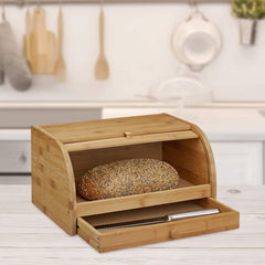 Relaxdays Coș de pâine rulant cu sertar, bambus, HxLxP: 21 x 40,5 x 28 cm, lemn, natural & placă de tăiat pâine din bambus aprox. 3 x 37 x 21,5 cm Placă de tăiat cu tavă pentru firimituri pentru curățare ușoară natural Cutii depozitare alimente Naty Shop