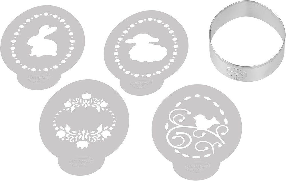 Dr. Oetker Ei-Ausstecher inkl. 4 Deco-Schablonen aus der Series "Goldiges Ostern", Keks- und Plätzchenform (Farbe: Silber, Weiß), Menge: 1 x 5er Sæt