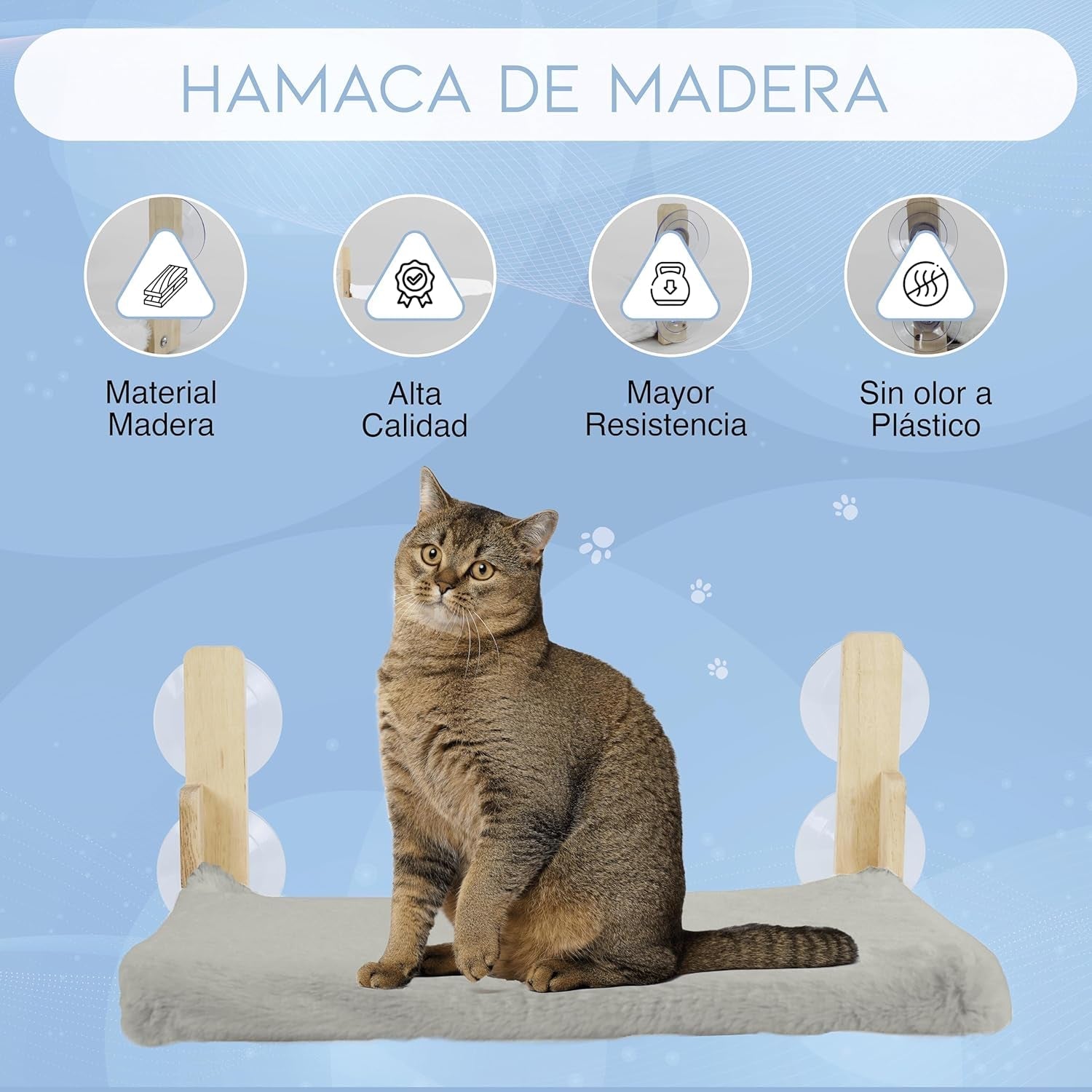 Hamac pentru pisici, fereastră, din lemn, pliabil, pat pentru pisici, pervaz, cu pătură reversibilă pentru iarnă și vară, hamac pentru pisici cu 4 ventuze, pat pentru pisici cu fereastră pentru pisici și