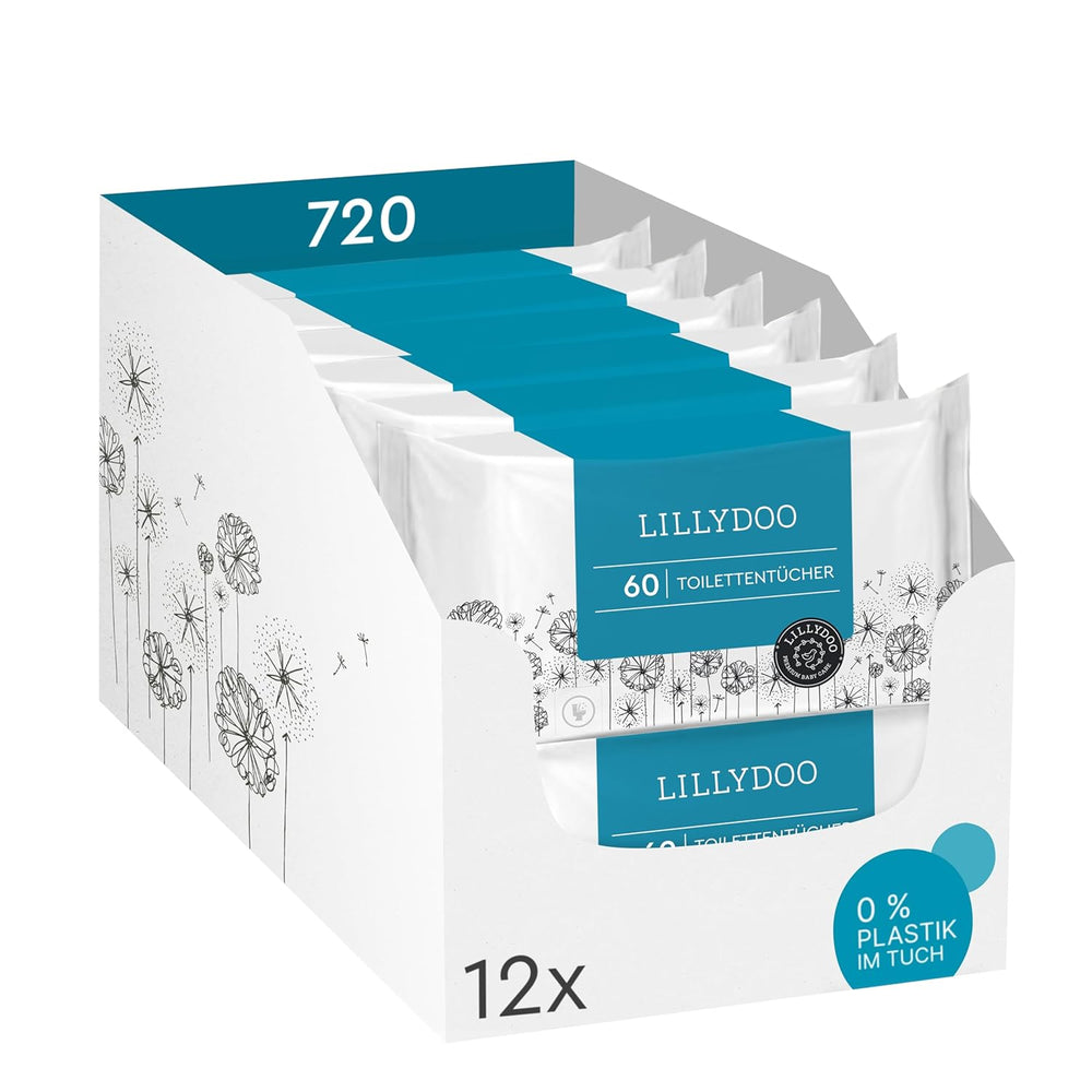 LILLYDOO vådservietter til toilet 720 stk (12 x 60) 100% plastfri, skyllebare klude Parfumefri
