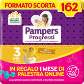 Scutece Pampers Progressi & Fit Prime Midi, format scurt, 162 scutece, mărimea 3 (4-9 kg), abonament online la sală pentru 1 lună cadou