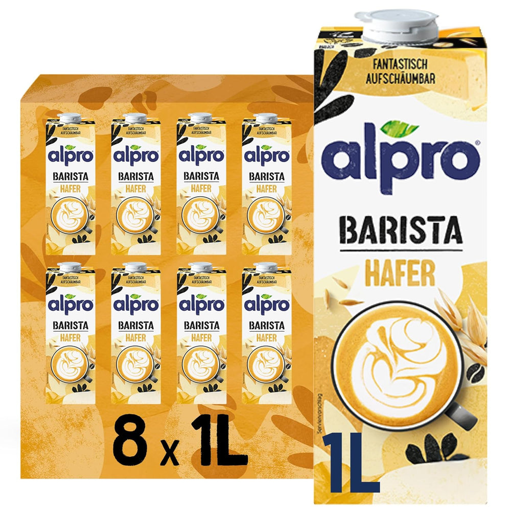 Alpro Barista Haferdrink – Zum Aufschäumen – Vegan und milchfrei – Von Natur aus lactosefrei – Rich an Ballaststoffen, Calcium og Vitaminen – 8 x 1 L – Haltbar