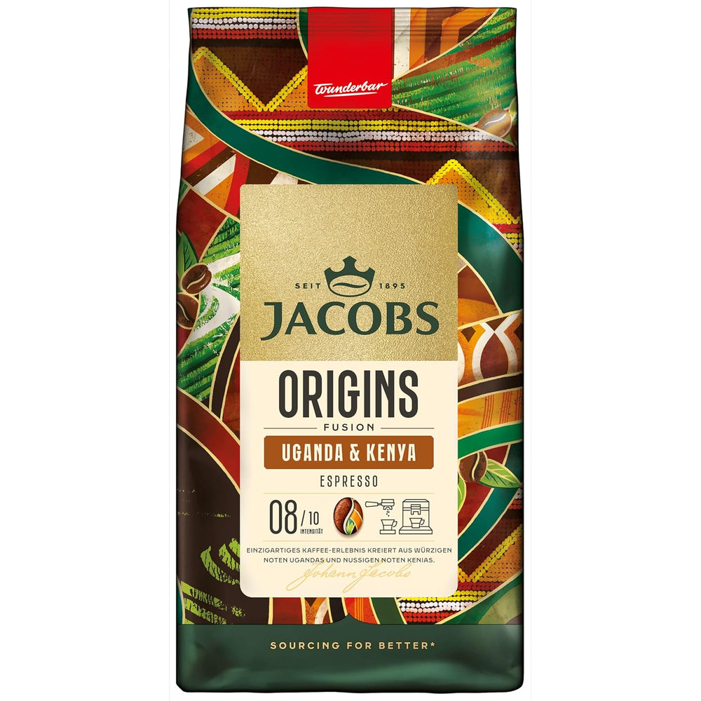 Boabe de cafea Jacobs Origins Uganda și Kenya, espresso corpolent cu o notă picantă, intensitate 8/10, boabe întregi de cafea, 1 kg