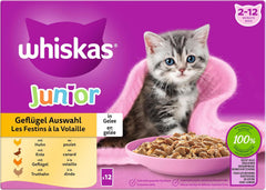WHISKAS Junior Pliculețe pentru Hrană Umedă, Pachet Multiplu, Selecție de Carne de Păsări în Jeleu, 12 x 85g