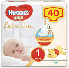 Huggies Extra Care bleer til babyer, str. 1 (2-5 kg), Super Absorbent, Fuld beskyttelse, Disney Design, 40 stk.