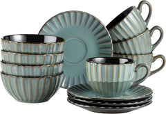 Set de veselă MÄSER 931966 Confino Series pentru 4 persoane, aspect vintage modern, set de mic dejun din ceramică, 12 piese, culoare petrol cu accente negre, gresie