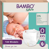 Bambo Naturbleer til babyer, str. 0 (1-3 kg), 144 stk., Månedsæske | Premium bleer med forbedret lækagebeskyttelse | Ultimativ komfort og frihed for nyfødte | Dermatologisk testede bleer
