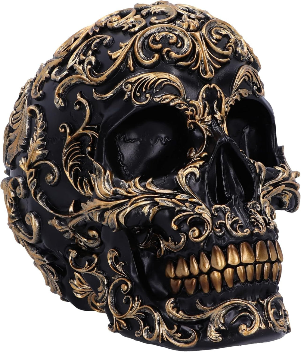 Craniu renascentist, 19 cm, rășină, negru și auriu, model baroc auriu, ornament craniu negru, decor gotic, turnat din cea mai fină rășină sintetică, pictat manual de experți Statuete si sculpturi Naty Shop Negru 19 cm